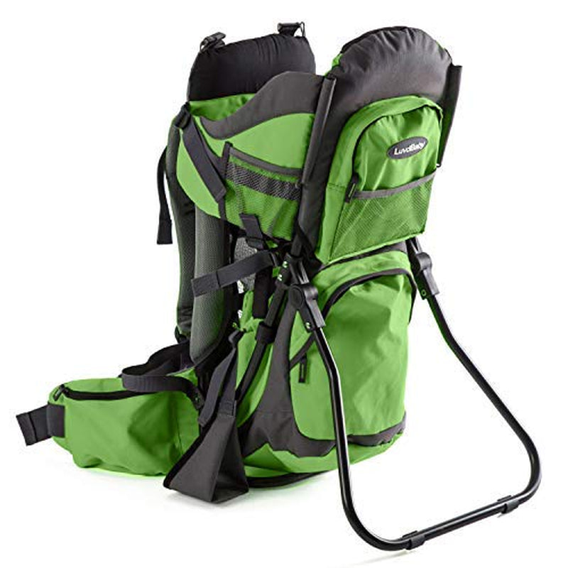 Green Hiking Backpack Carrier System with Diaper Change Pad, Insulated Pocket + Rain and Sun Hood to Protect Your Child