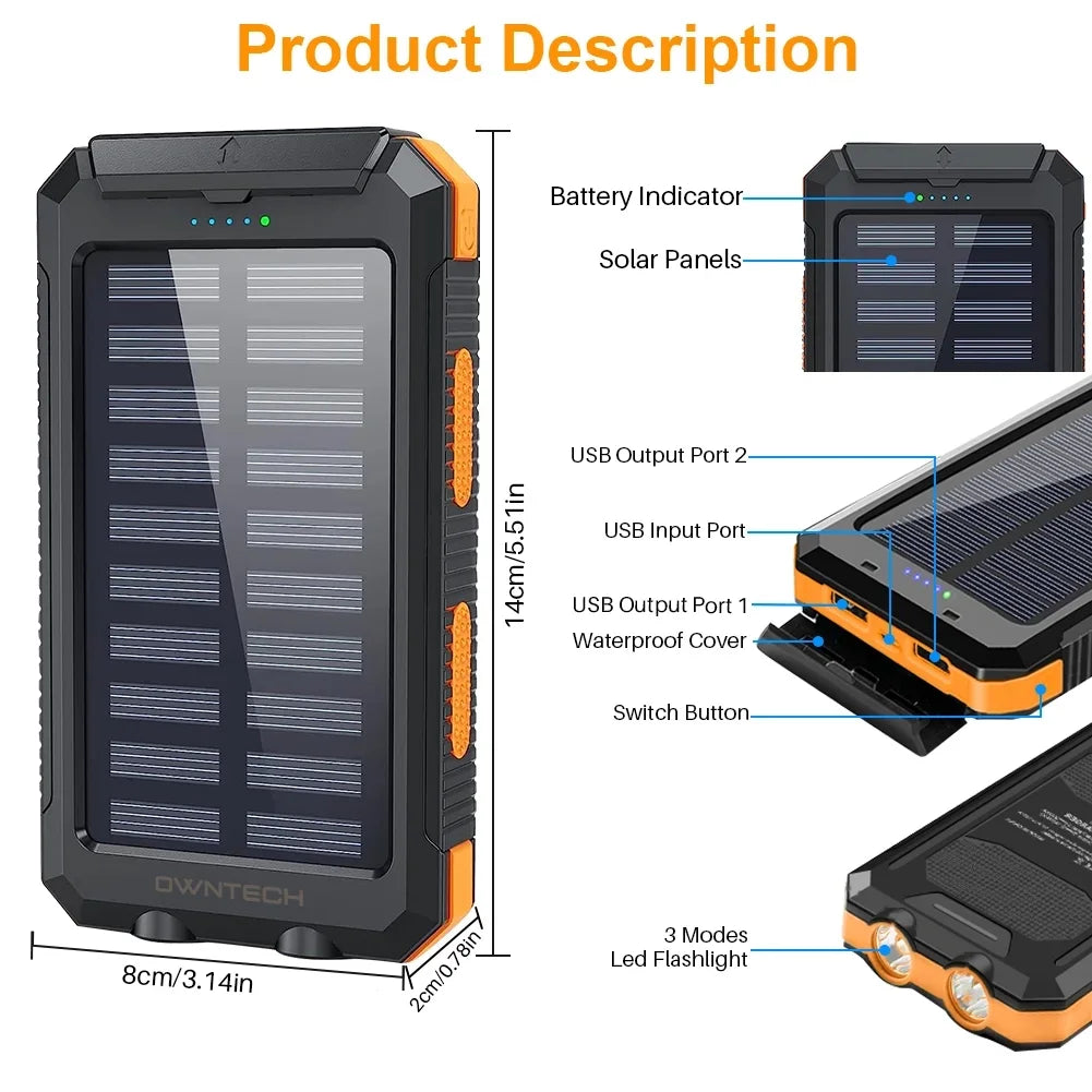 20,000mAh Portable Solar Charger - Dual USB for iPhone & Android