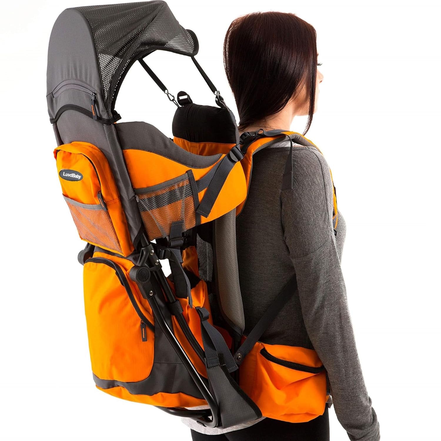 Orange Hiking Baby Carrier System with Diaper Change Pad, Insulated Pocket + Rain and Sun Hood to Protect Your Child