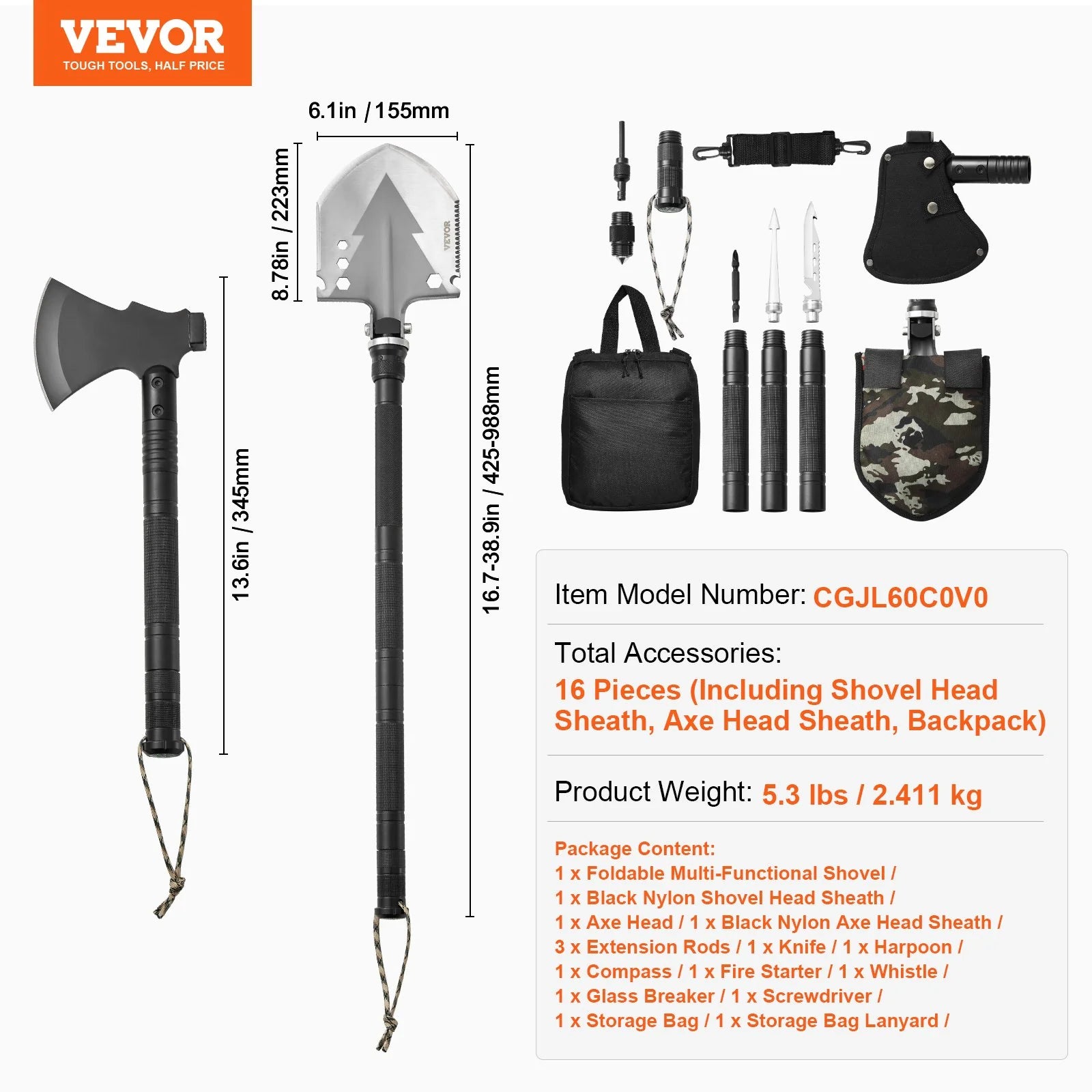 16-In-1 Survival Toolkit for  Camping with Hatchet