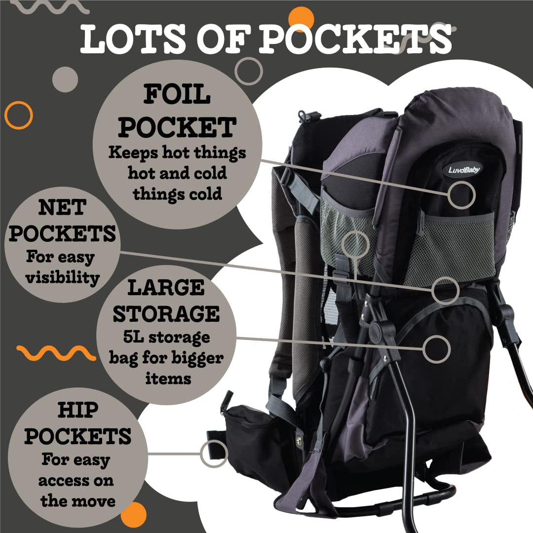 Hiking Baby Carrier Backpack System with Diaper Change Pad, Insulated Pocket + Rain and Sun Hood to Protect Your Child