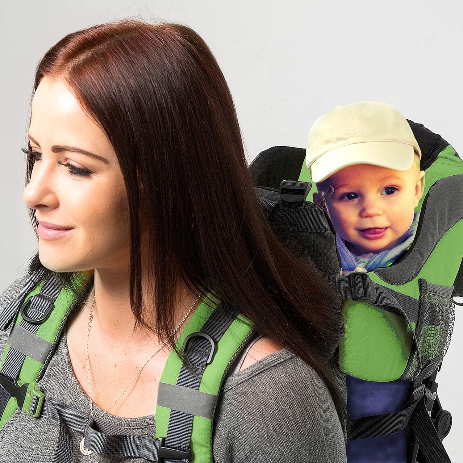 Green Hiking Backpack Carrier System with Diaper Change Pad, Insulated Pocket + Rain and Sun Hood to Protect Your Child