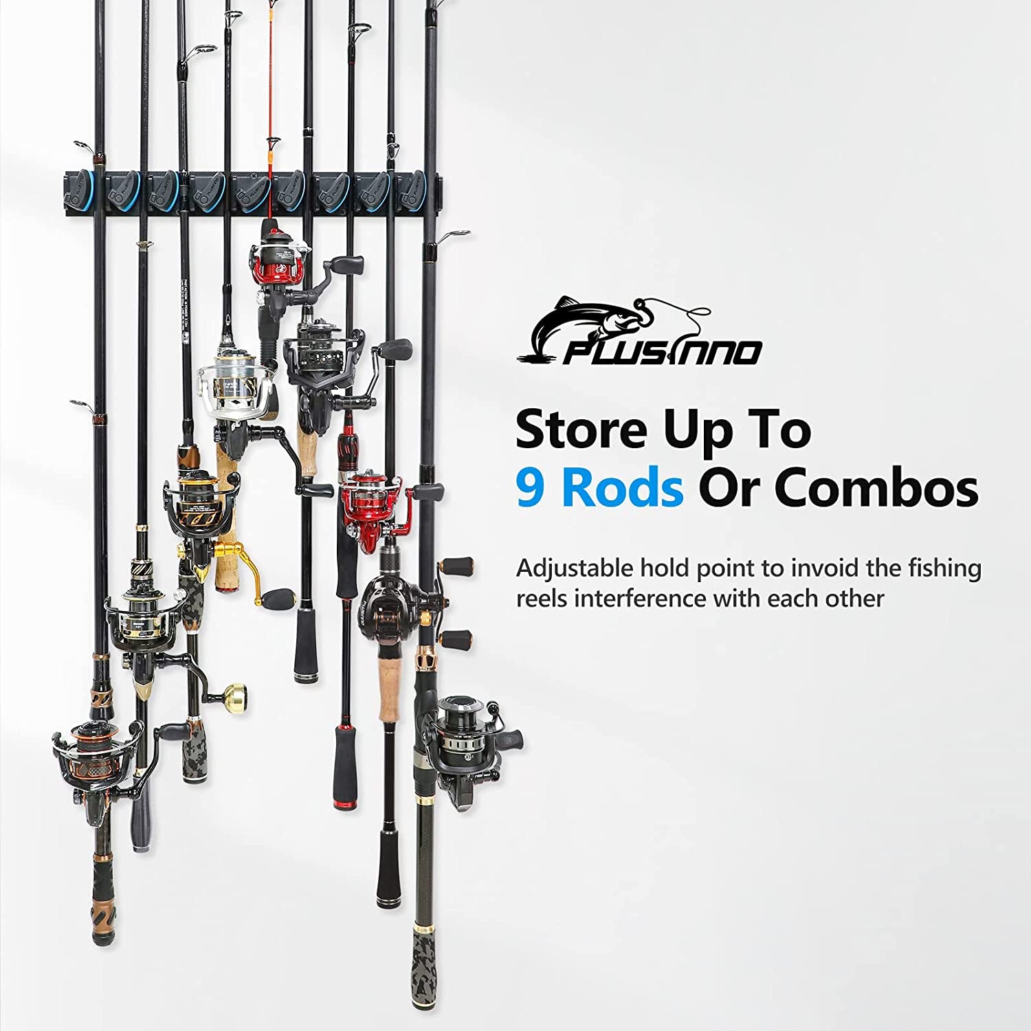 Vertical Fishing Rod Holder, Wall Mounted Fishing Rod Rack, Fishing Pole Holder Holds up to 9 Rods or Combos, Fishing Rod Holders for Garage, Fits Most Rods of Diameter 3-19Mm