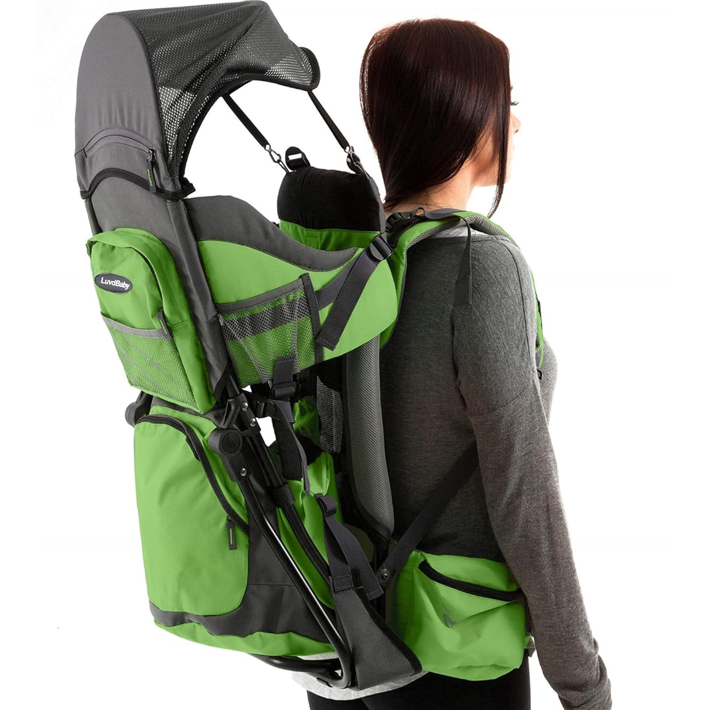 Green Hiking Backpack Carrier System with Diaper Change Pad, Insulated Pocket + Rain and Sun Hood to Protect Your Child