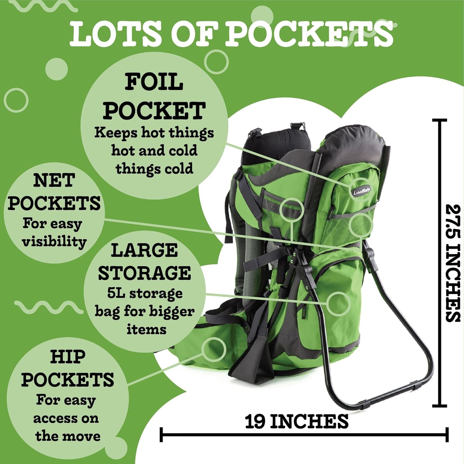 Green Hiking Backpack Carrier System with Diaper Change Pad, Insulated Pocket + Rain and Sun Hood to Protect Your Child