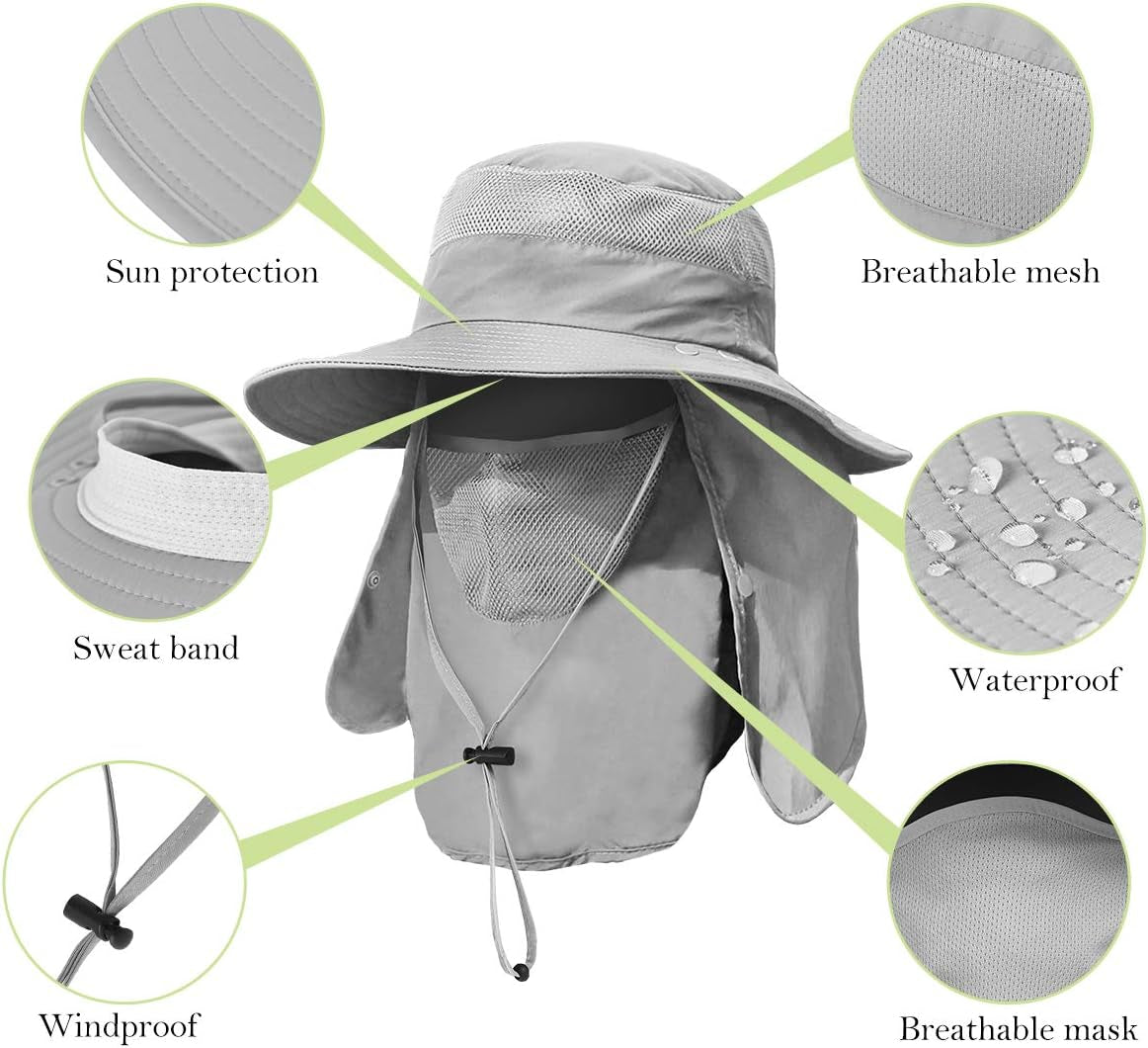 Wide Brim Fishing Hat with Sun Protection, Removable Face and Neck Flap (2-Pack)