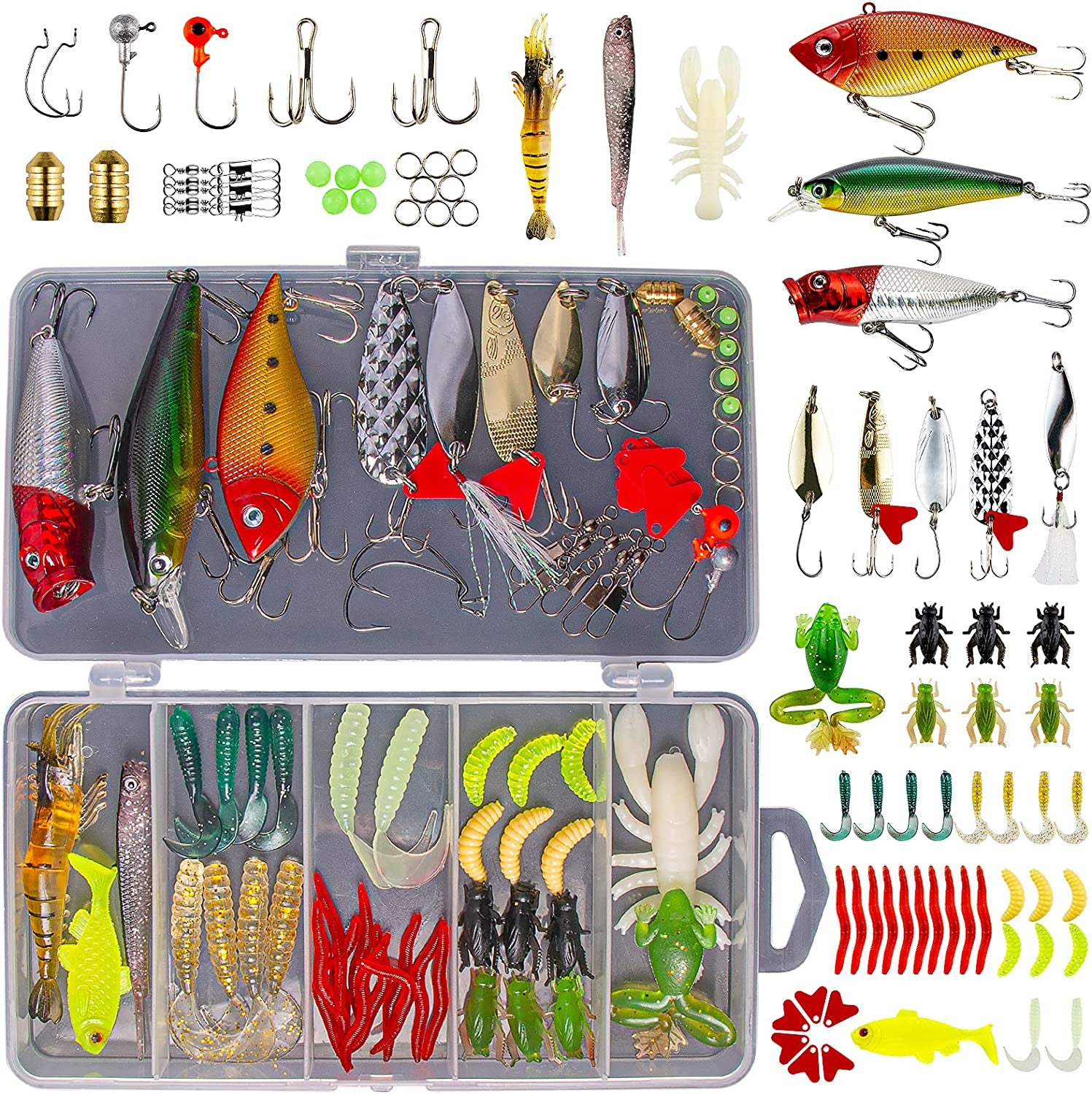 Fishing Lures Kit for Freshwater Bait Tackle Kit for Bass Trout Salmon Fishing Accessories Tackle Box Including Spoon Lures Soft Plastic Worms