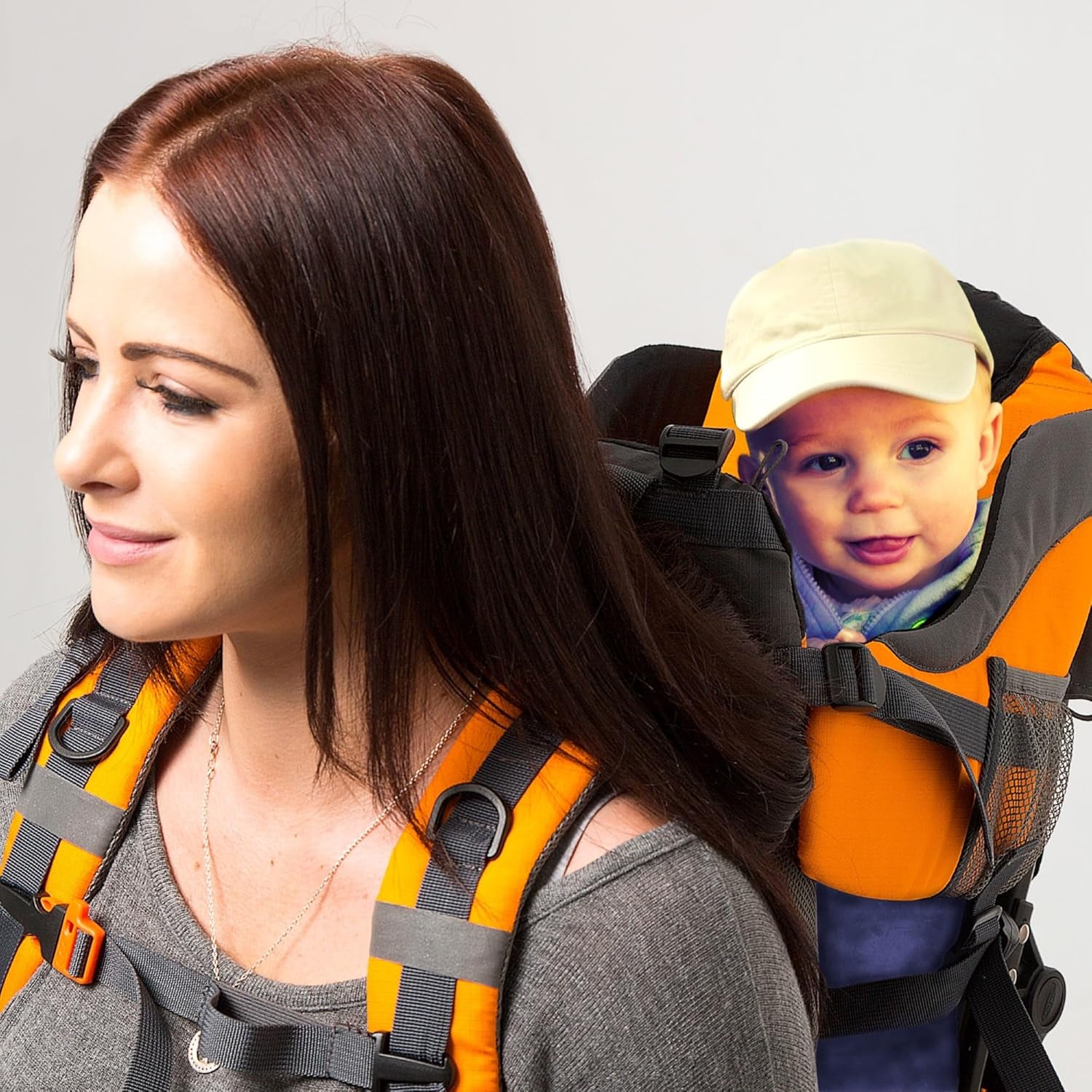 Orange Hiking Baby Carrier System with Diaper Change Pad, Insulated Pocket + Rain and Sun Hood to Protect Your Child