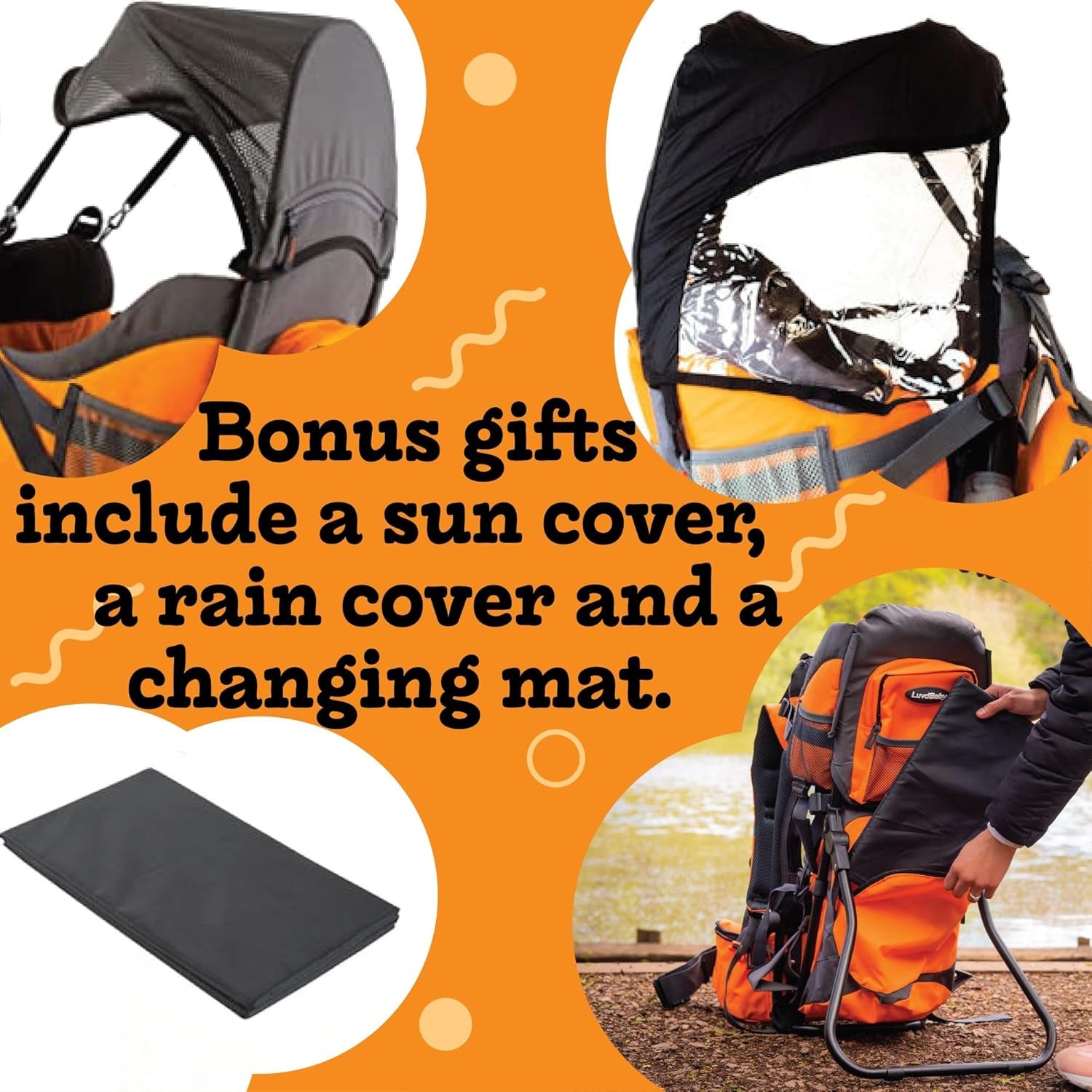 Orange Hiking Baby Carrier System with Diaper Change Pad, Insulated Pocket + Rain and Sun Hood to Protect Your Child