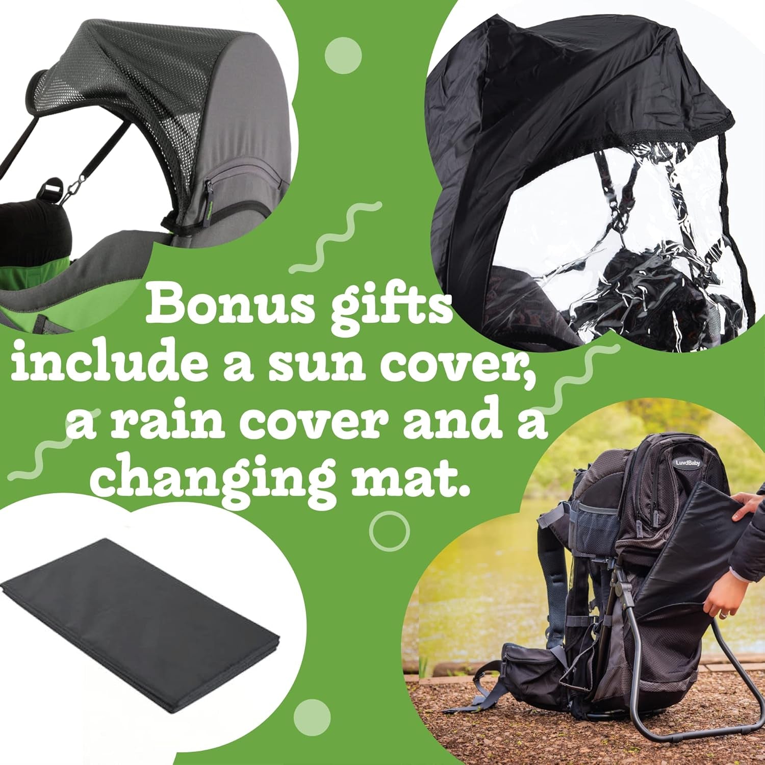 Green Hiking Backpack Carrier System with Diaper Change Pad, Insulated Pocket + Rain and Sun Hood to Protect Your Child