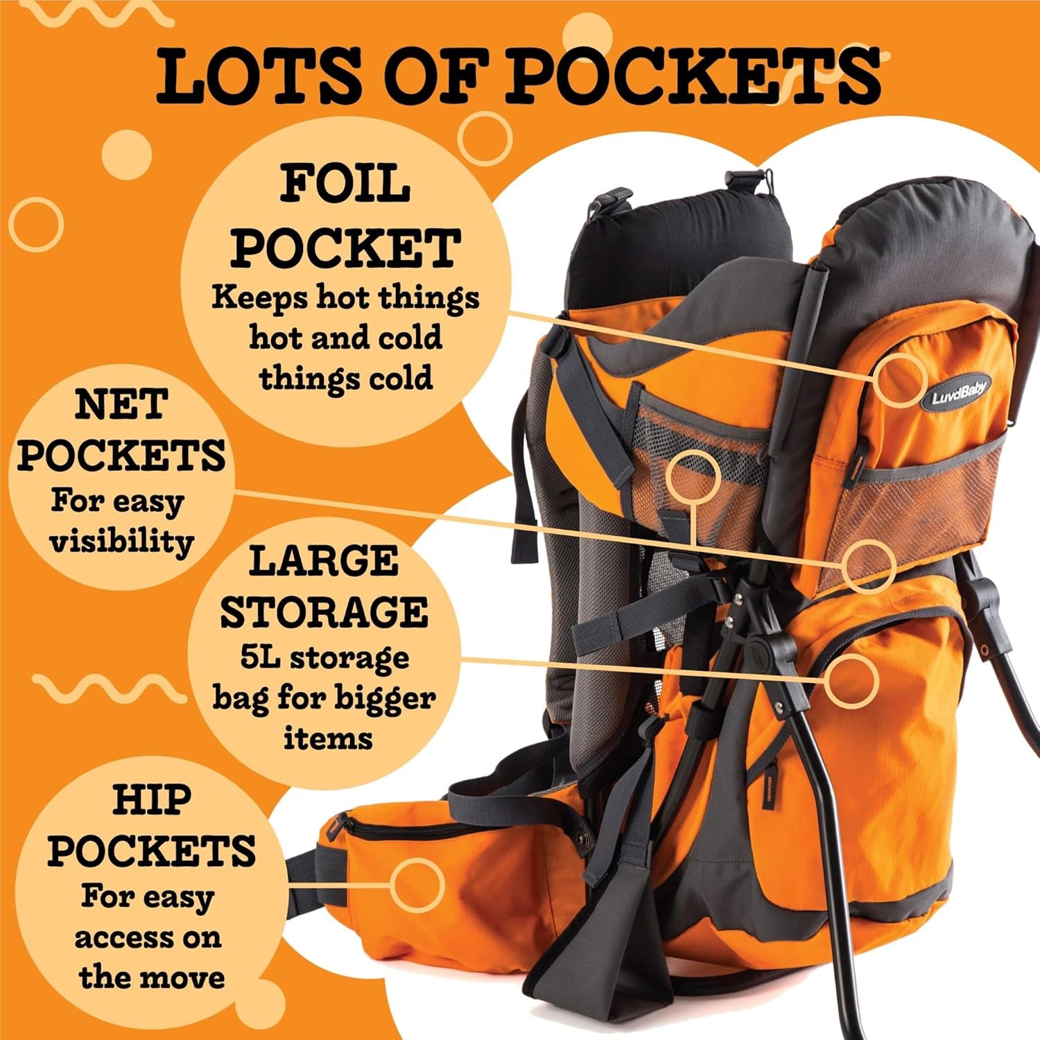 Orange Hiking Baby Carrier System with Diaper Change Pad, Insulated Pocket + Rain and Sun Hood to Protect Your Child