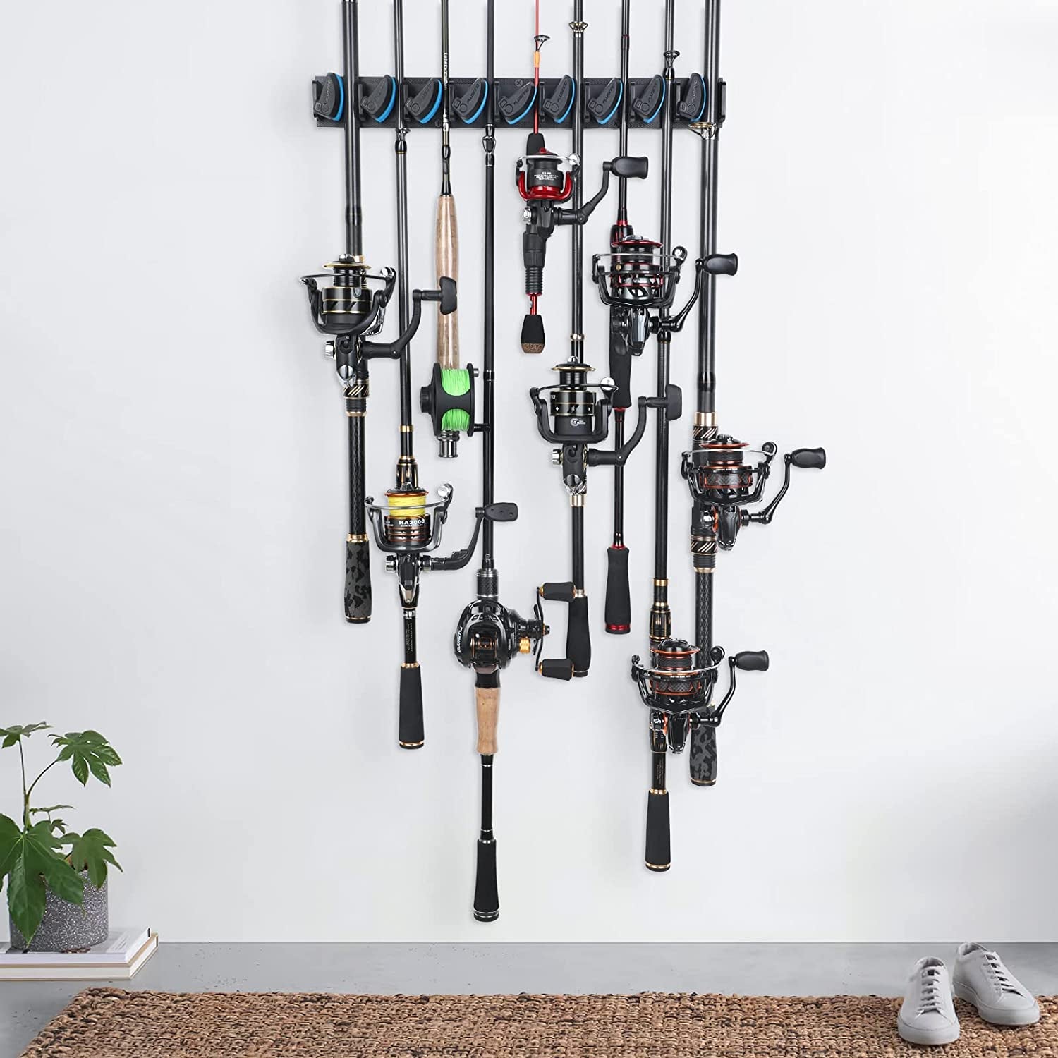 Vertical Fishing Rod Holder, Wall Mounted Fishing Rod Rack, Fishing Pole Holder Holds up to 9 Rods or Combos, Fishing Rod Holders for Garage, Fits Most Rods of Diameter 3-19Mm